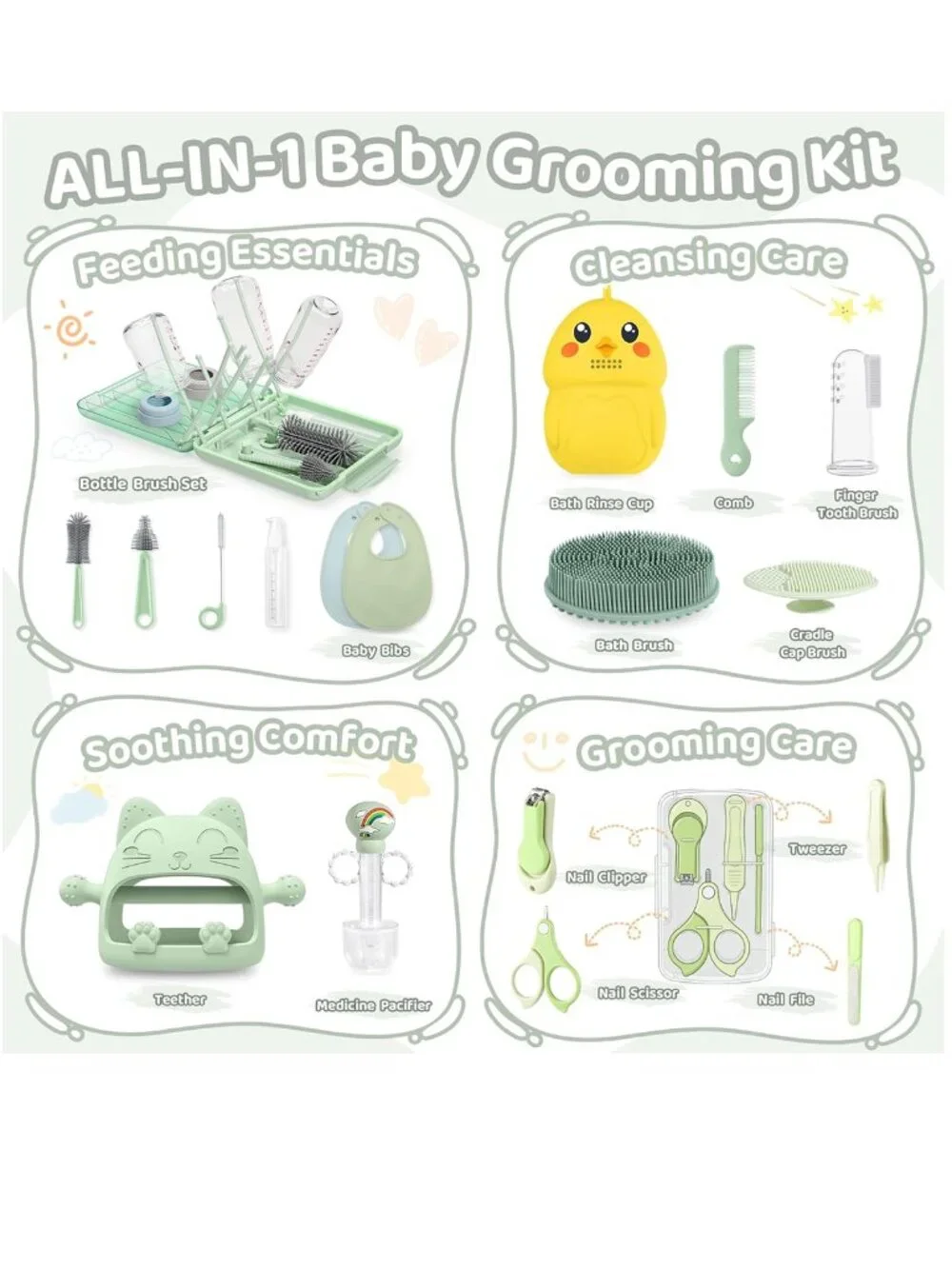 NEW 19 Piece Newborn New Baby Grooming Essentials Kit Bath Brush Bib Nail Needs